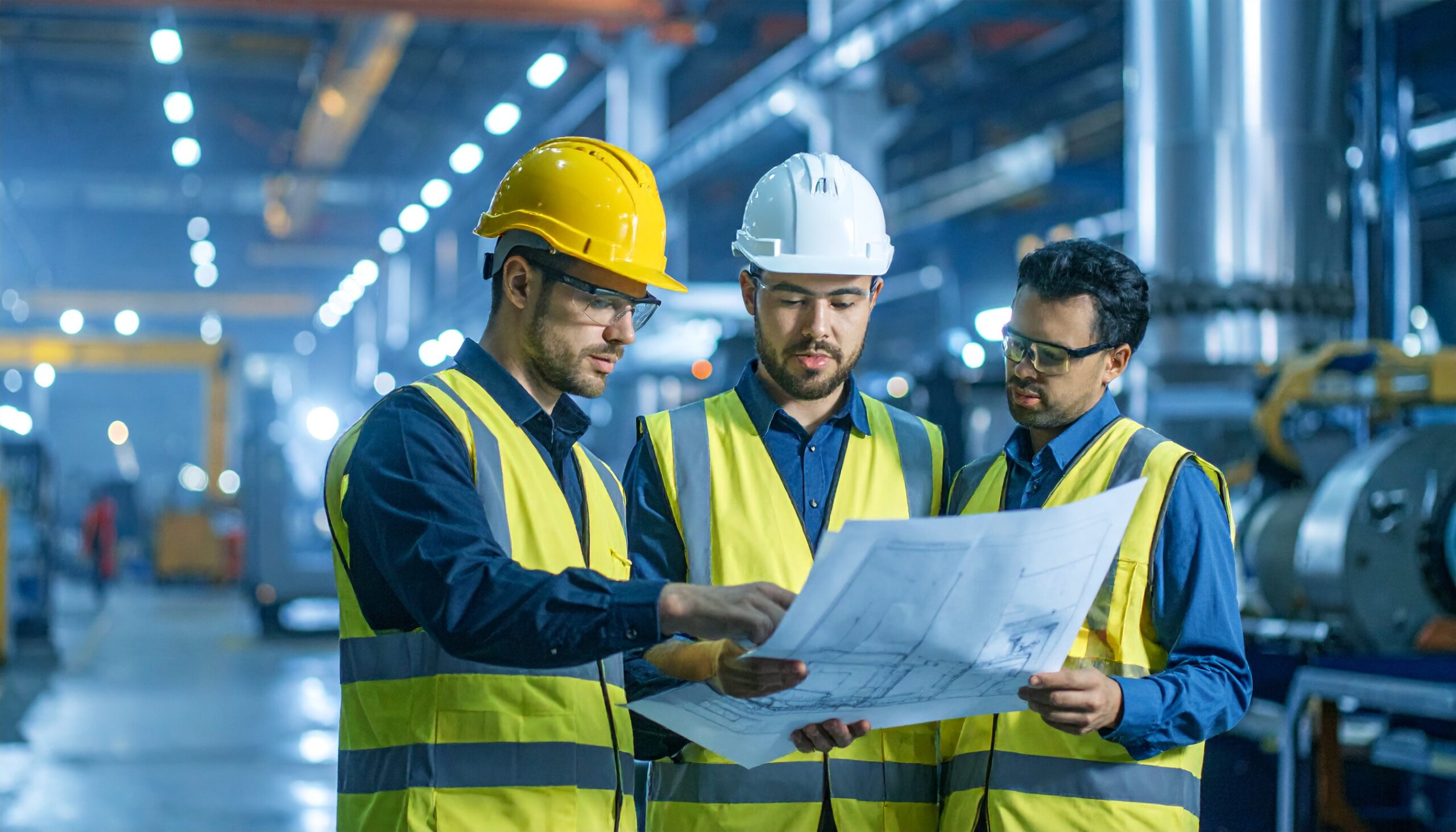 firefly engineers analyzing industrial process blueprints in a modern factory, surrounded by 86338
