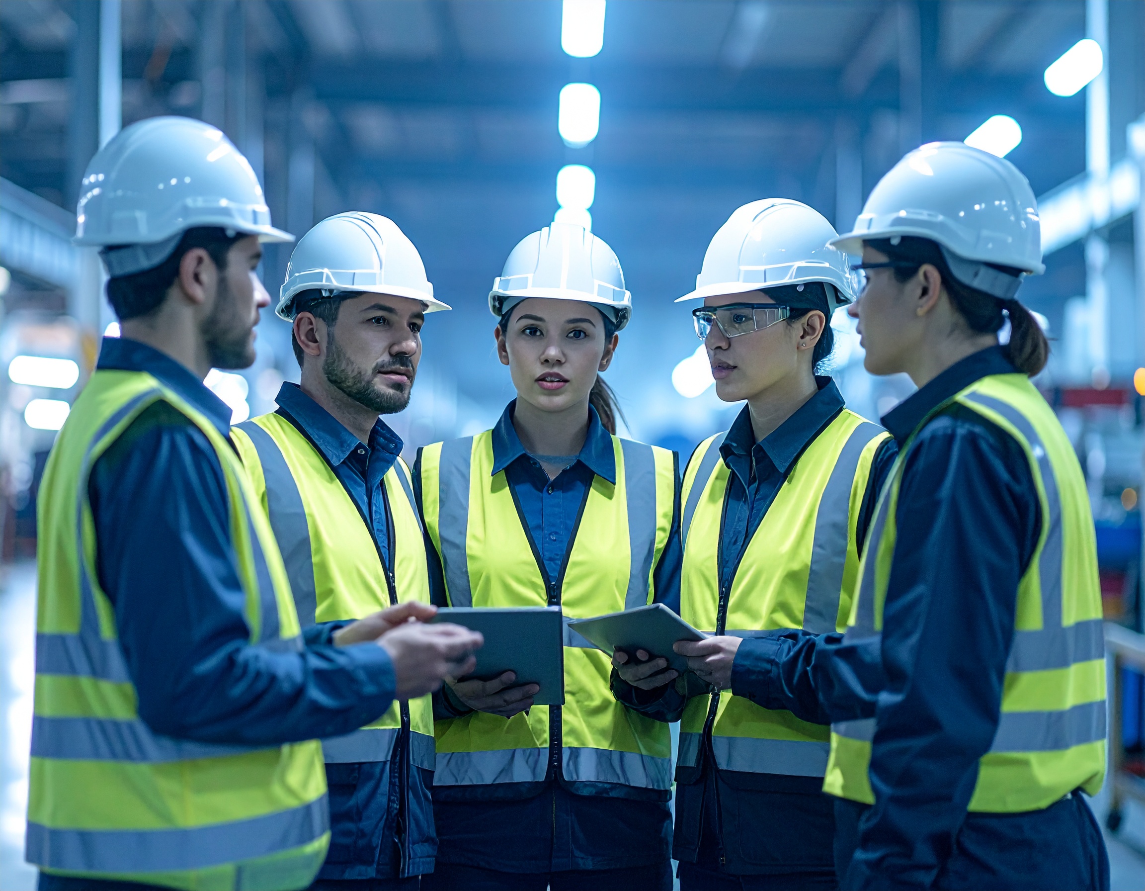 firefly group of industrial workers wearing helmets and reflective vests receiving instructio 86338