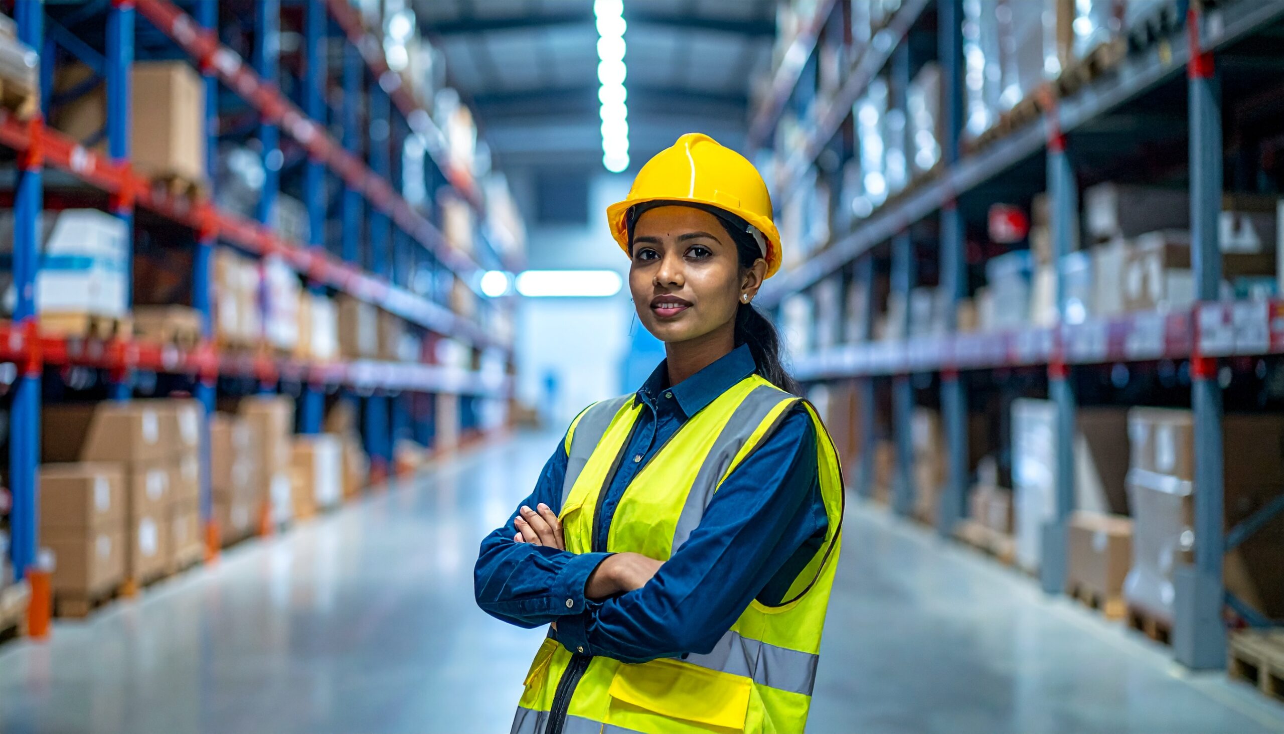 firefly industrial engineer inspecting inventory inside a modern factory warehouse, wearing a 418503