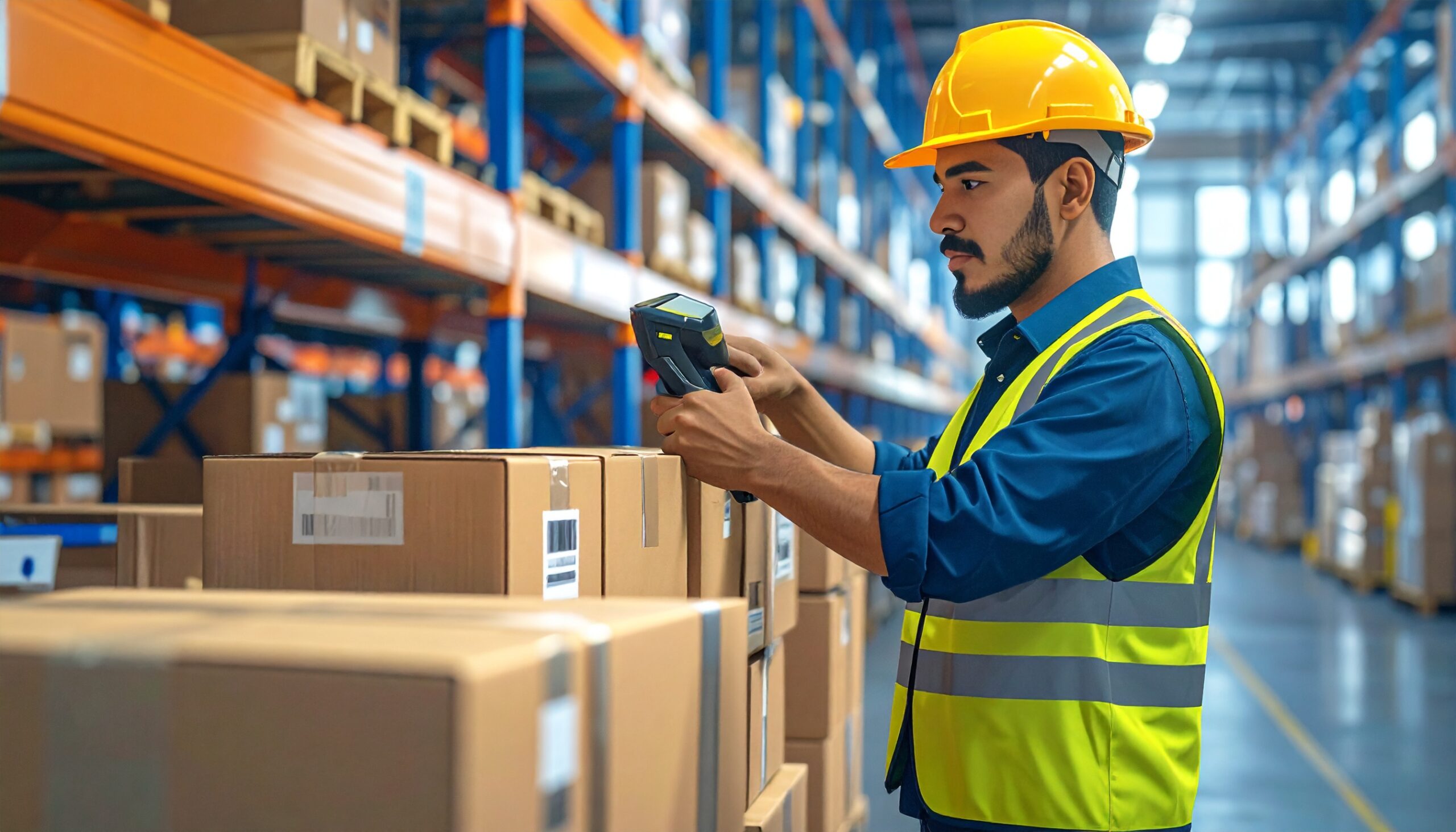 firefly industrial warehouse with labeling and barcode scanning equipment, worker using handh 734953