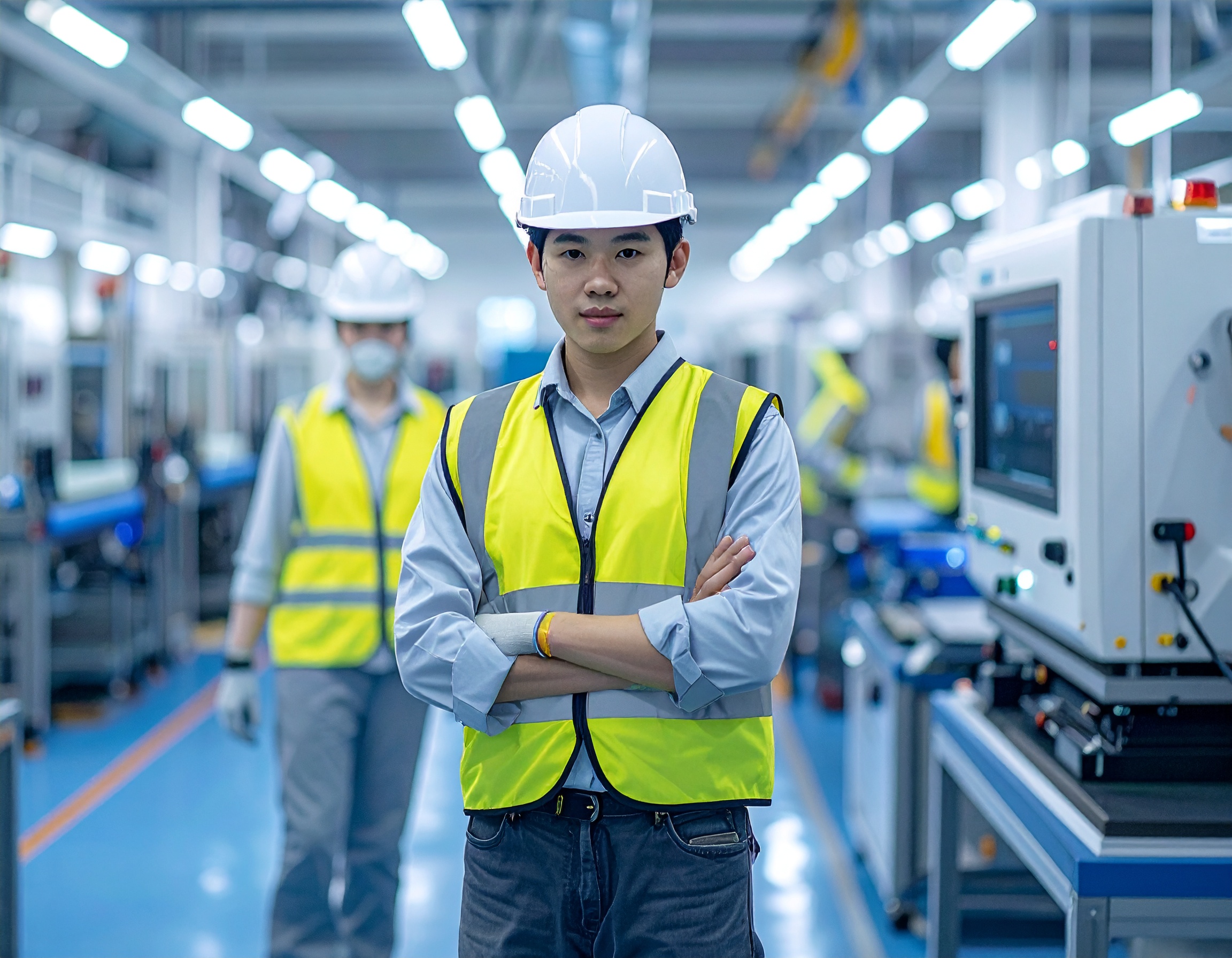 firefly industrial workers wearing safety vests, antistatic wristbands, gloves, and helmets i 611350