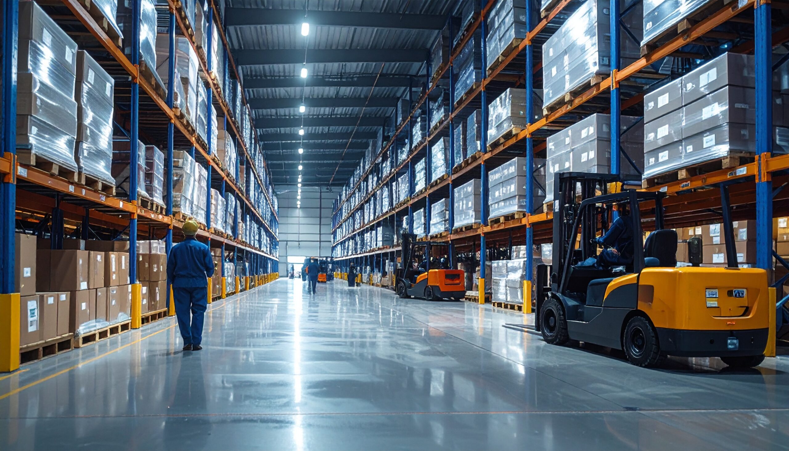 firefly large industrial warehouse interior with organized metal racks, labeled containers, f 783412
