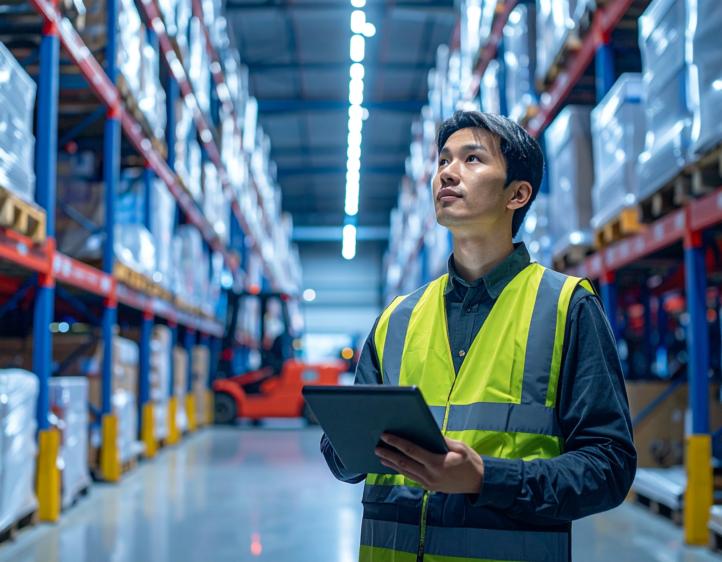 firefly modern industrial supply chain concept inside a warehouse, worker with safety vest an 86338