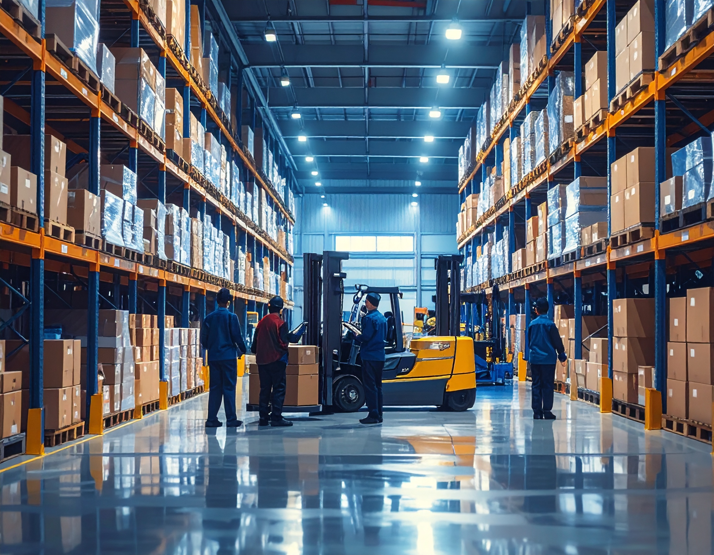 firefly modern industrial warehouse interior, organized shelves with labeled boxes, forklifts 15270