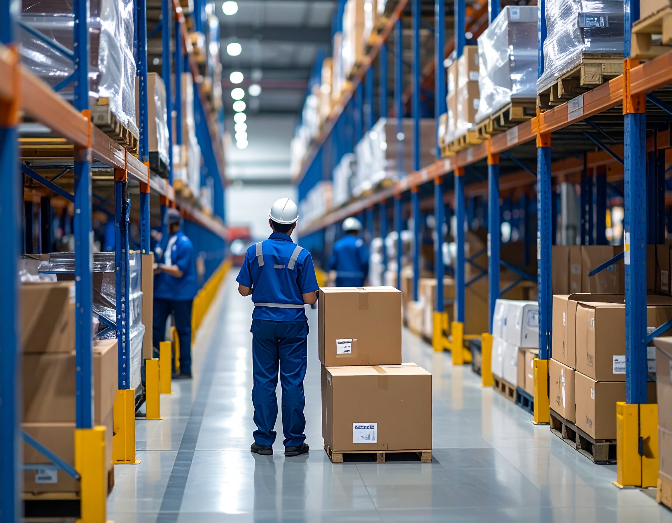 firefly warehouse logistics environment with industrial shelves, labeled boxes, and workers i 236347